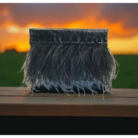 Black Leather Feather Clutch Bag Genuine Leather Evening Purse Boho Chic Handbag - Picture 13 of 14